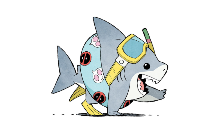 Illustration of Jeff the land shark wearing swimming gear