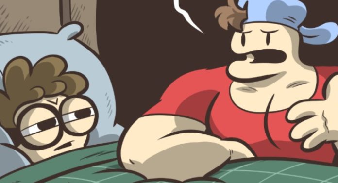 cropped panel of Jock speaking to Nerd who is tucked into bed from Nerd & Jock