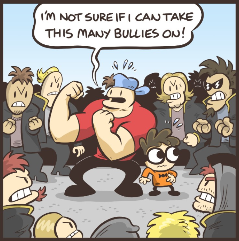 Nerd & Jock defending themselves against a group of bullies