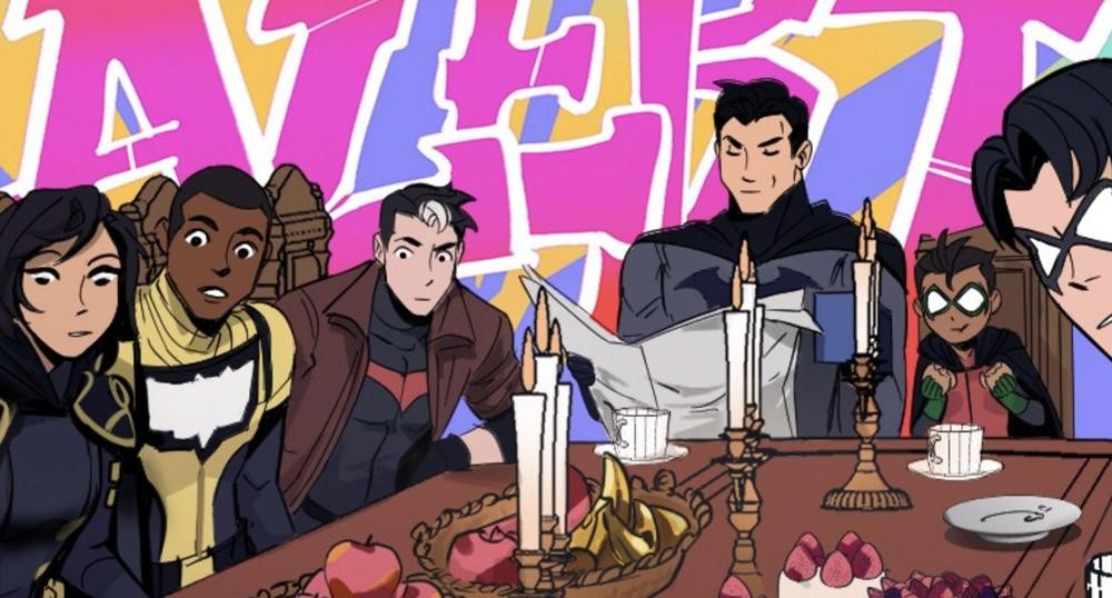 Cropped art featuring the Batfamily at a table