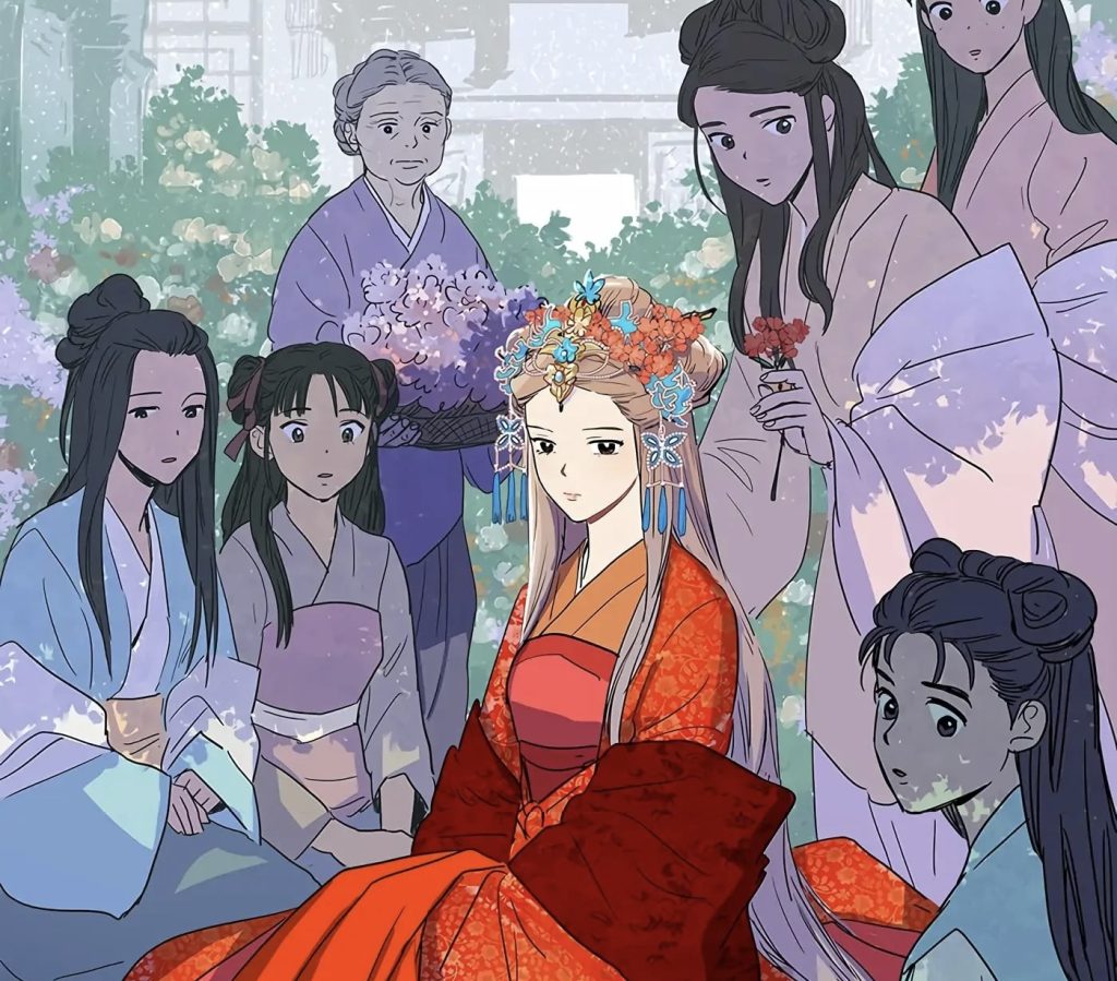 mrs. jang wearing wedding garb, surrounded by women putting flowers in her hair