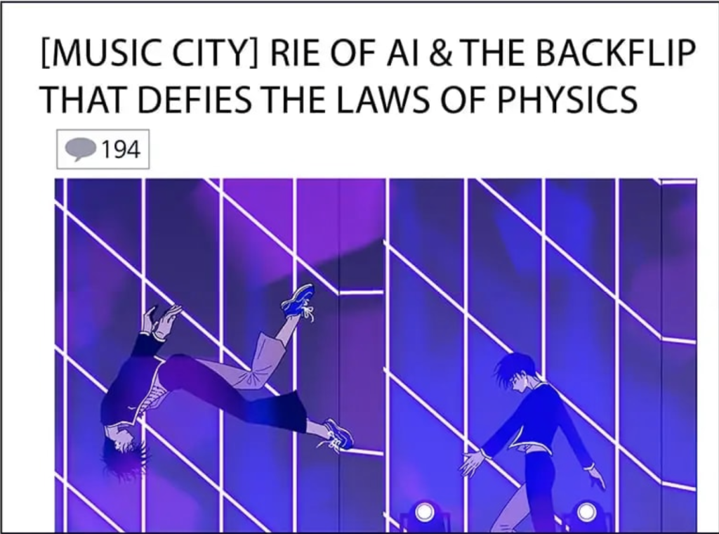 social media post reads: [MUSIC CITY] RIE OF AI & THE BACKFLIP THAT DEFIES THE LAW OF PHYSICS