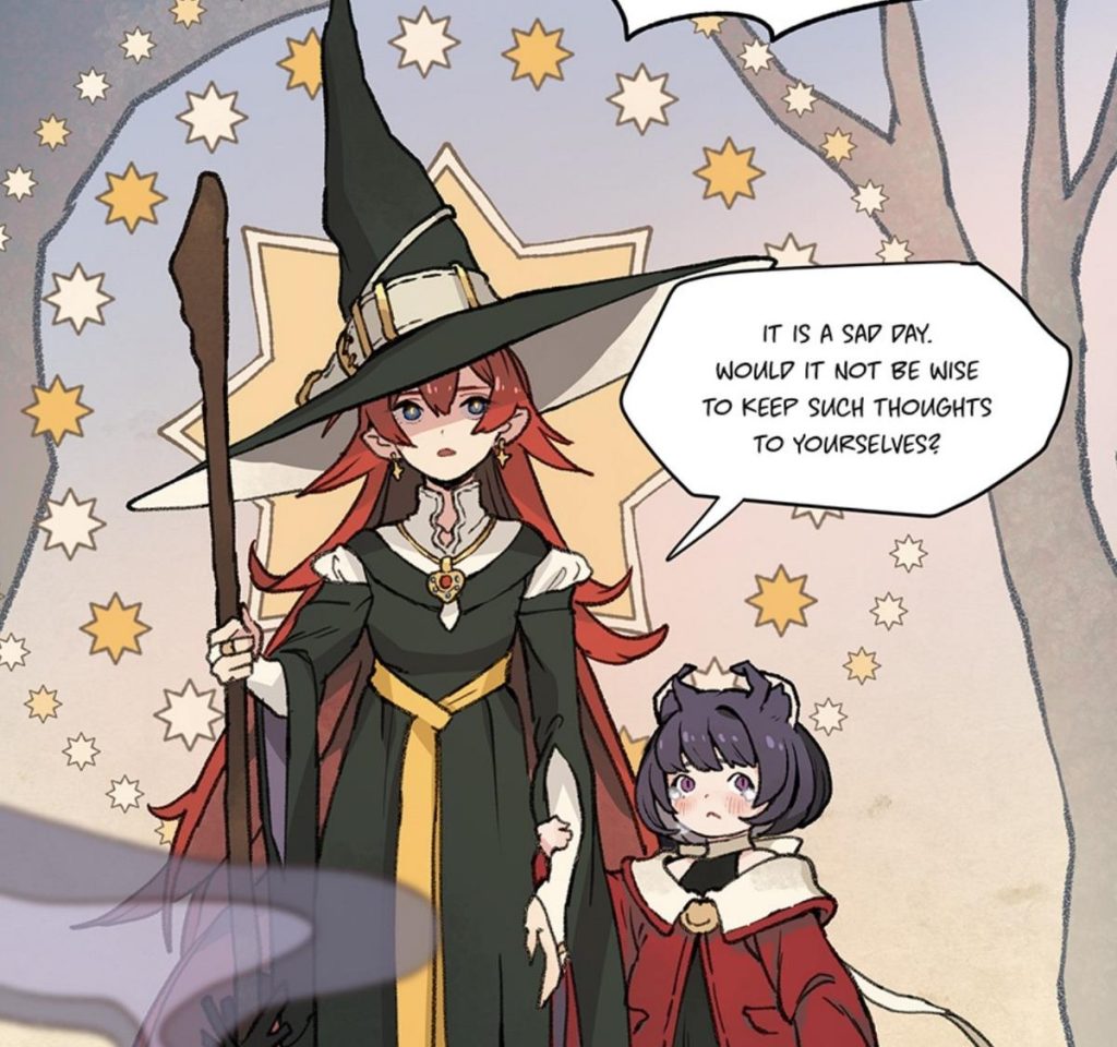 a witch with long red hair and a big hat holds the hand of a small cat person. the witch says, "it is a sad day. would it not be wise to keep such thoughts to oneselves?"