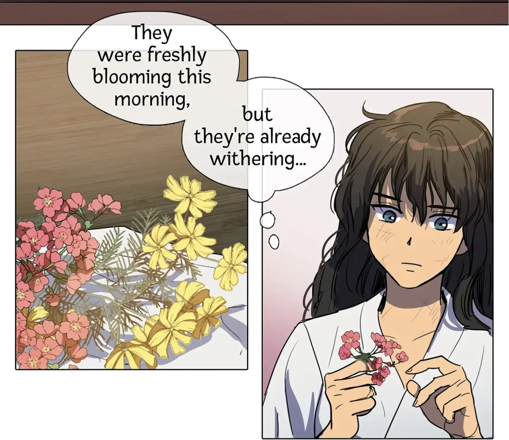 Shim Chong stares at picked flowers. "They were freshly blooming this morning," she says, "but they're already withering..."