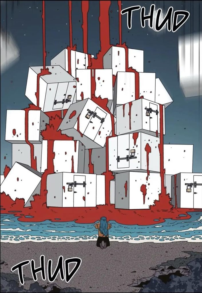 Hari kneels at the edge of the beach. In the water is a pile of lockboxes as tall as a skyscraper. Red blood pours from the sky onto the pile.