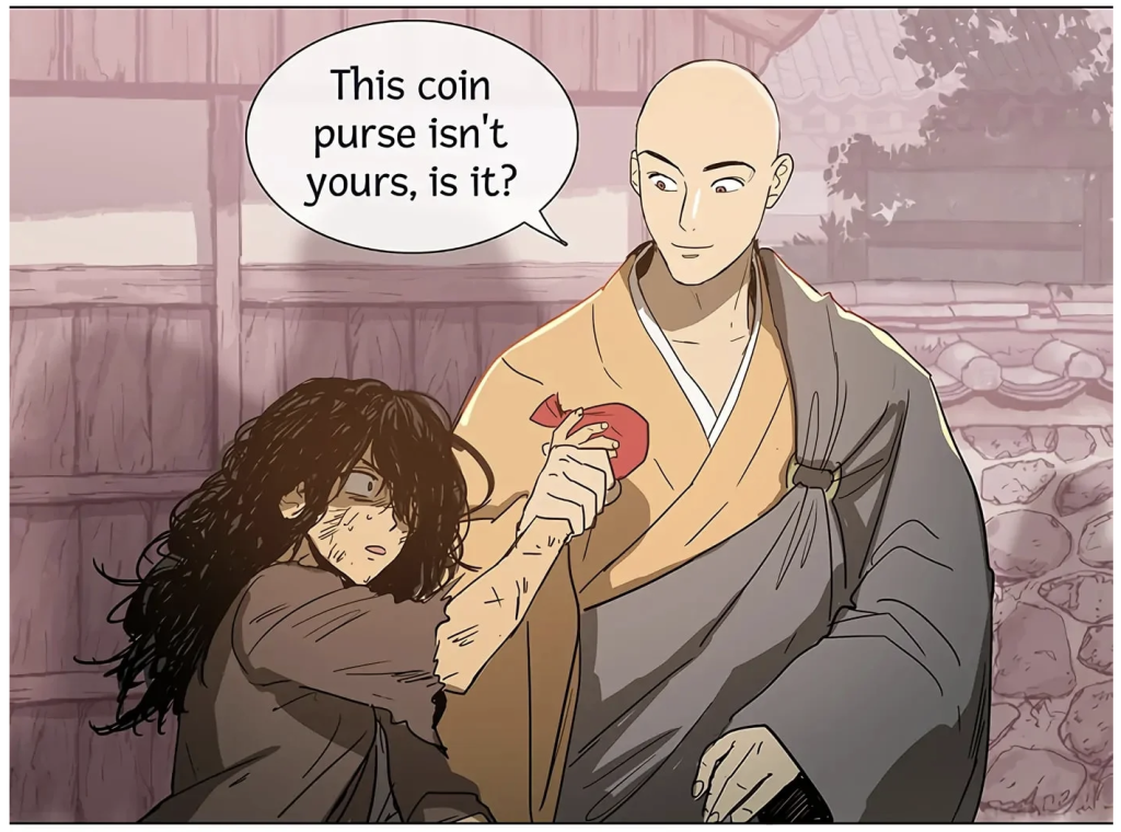 bald monk wearing robe grabs the hand of scraggly shim chong, which is holding a coin purse. he says, "this coin purse isn't yours, is it?"