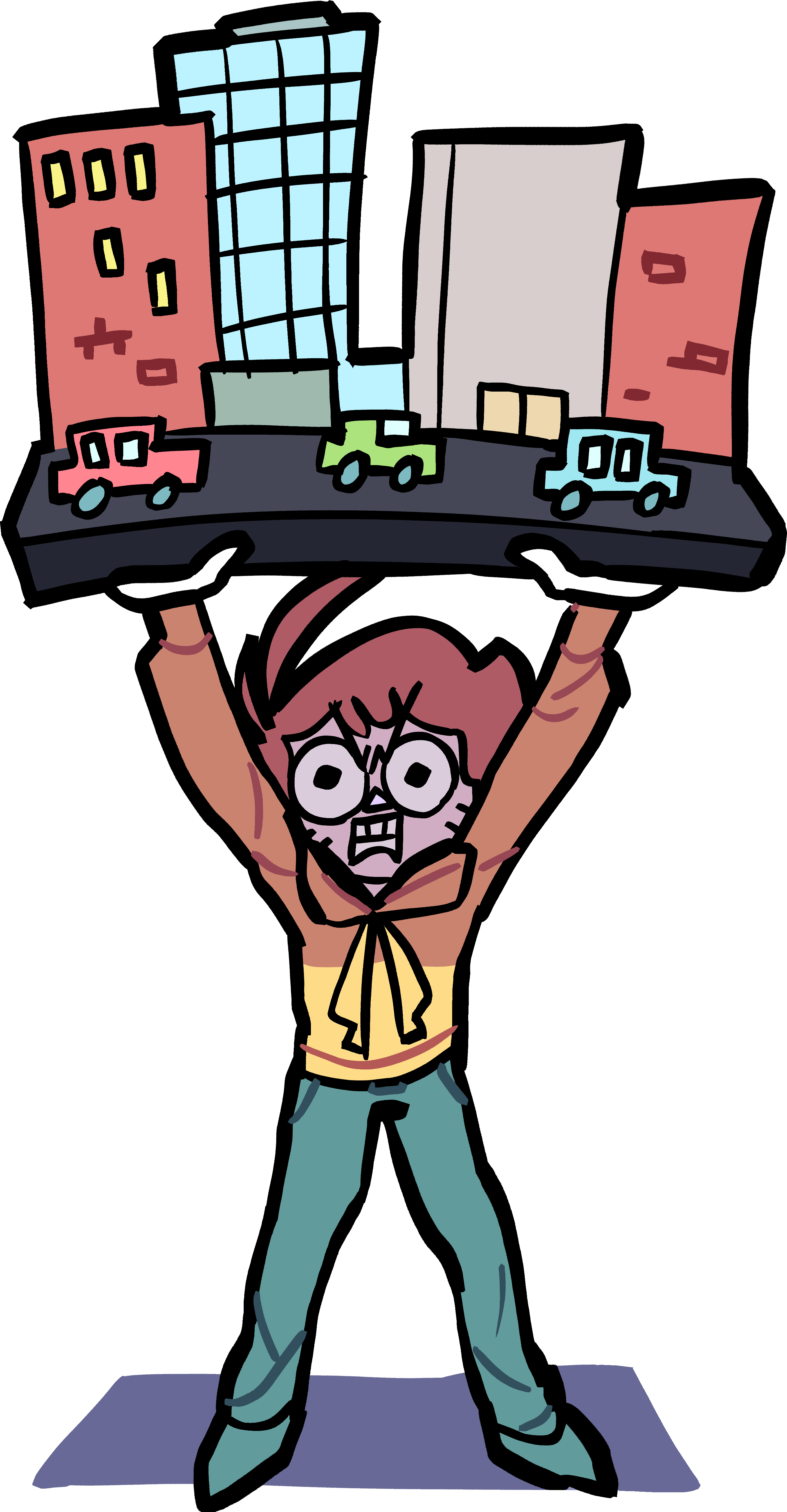 Shen holding up a street with smalls cars and buildings over his own head.