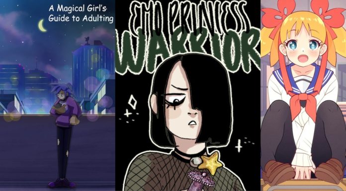 10 Magical Girls cover. L: A Magical Girl's Guide to Adulting. C: Emo Princess Warrior. R: Apricot Cookies.