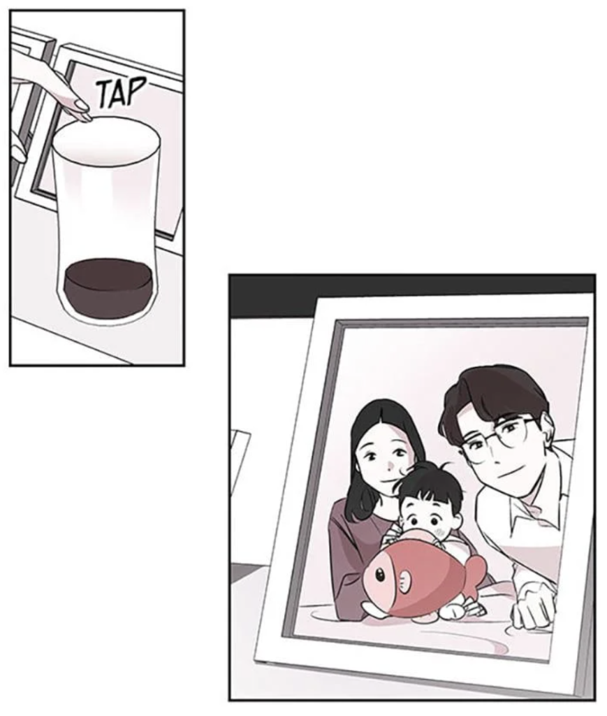 on the bottom right, a photo of bona, her husband and her child. (the child is holding a large fish plush.) in the upper left, a drop of water falls from a faucet into a glass.