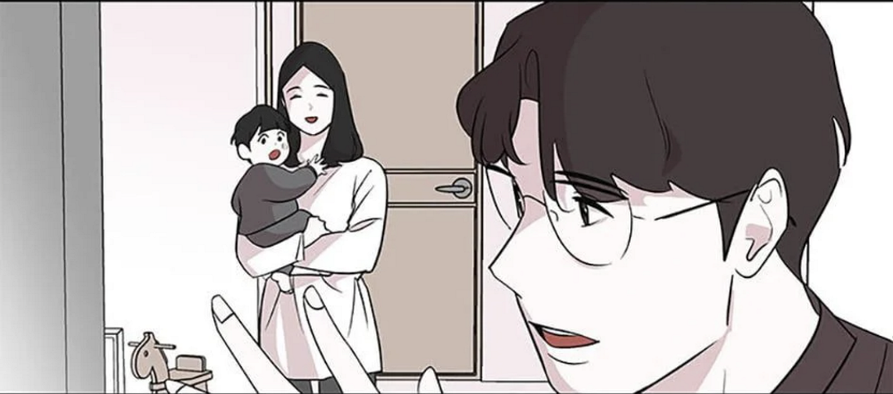 bona holds her child at the door. in front of her, her husband waves his hand as he runs to work.