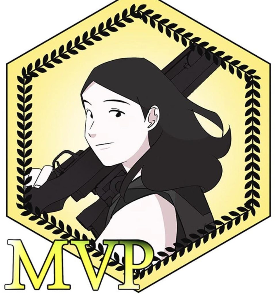 an icon of a smiling Bona holding a sniper rifle. marked with the initials "MVP," or most valuable player.