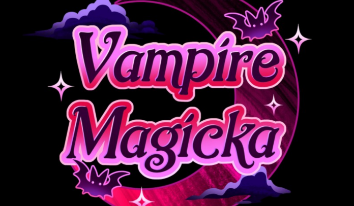 vampire magicka comic logo: pink, purple and black text against a crescent moon and clouds