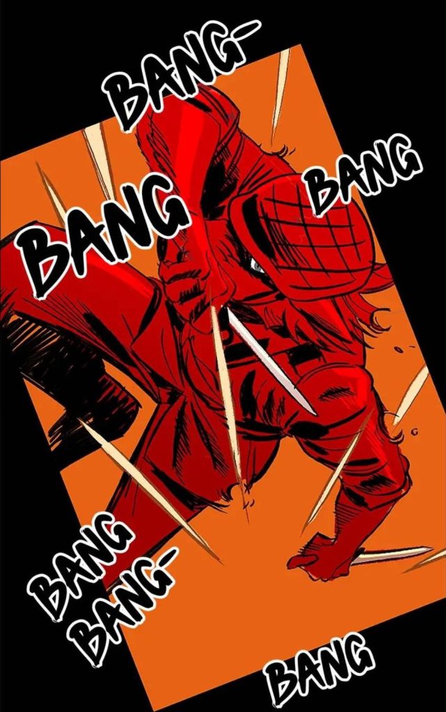 irene red, in wolf form wearing military gear, charges through gunfire. "bang, bang, bang" sound around her. while red is colored in red and black, the background is orange.