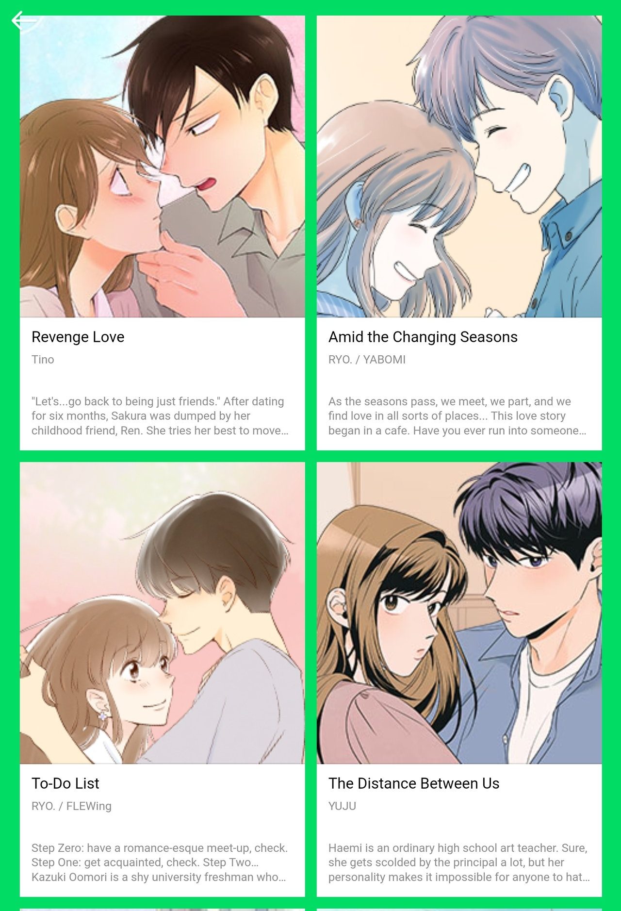 a screenshot from a webtoon romance promotion depicting four very similar pairs of protagonists