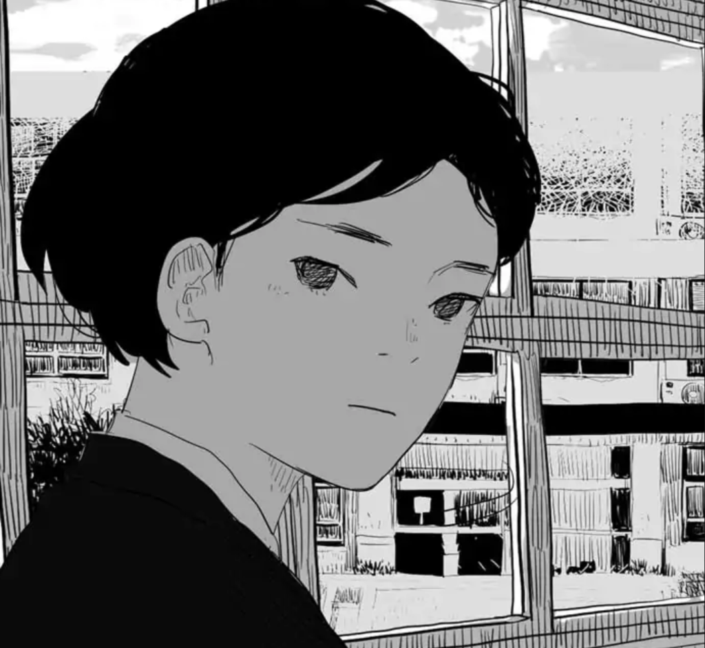 a teenage girl with short hair and a mild expression gazes at the reader. a window behind her looks out at school grounds.