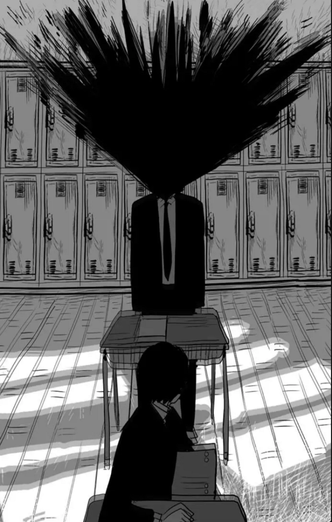 taste of illness. boy's head explodes into black goo as he stands at his desk. in front of him, a sitting student stares at him. shadows are cast along the paneled floor.