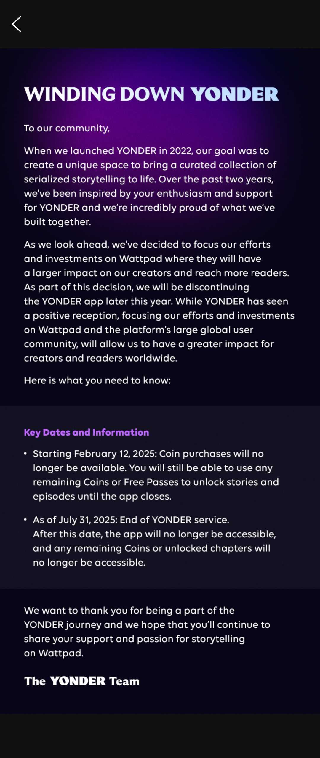 Yonder's shuttering announcement