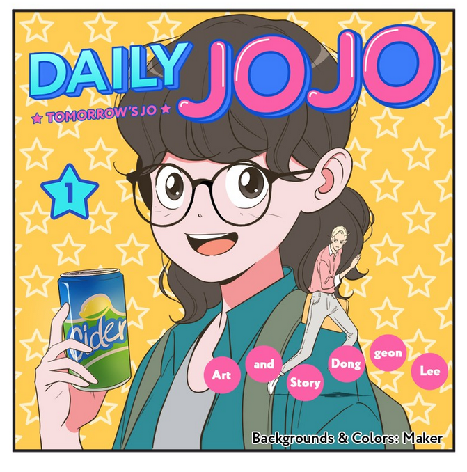 title image from episode 1 of daily jojo featuring eunjo holding a drink with a tiny wan on the defensive