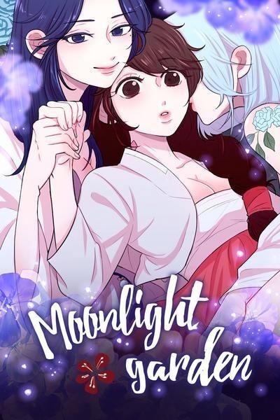 moonlight garden cover image depicting dohwa in the middle with her two love interests on either side, surrounded by flowers