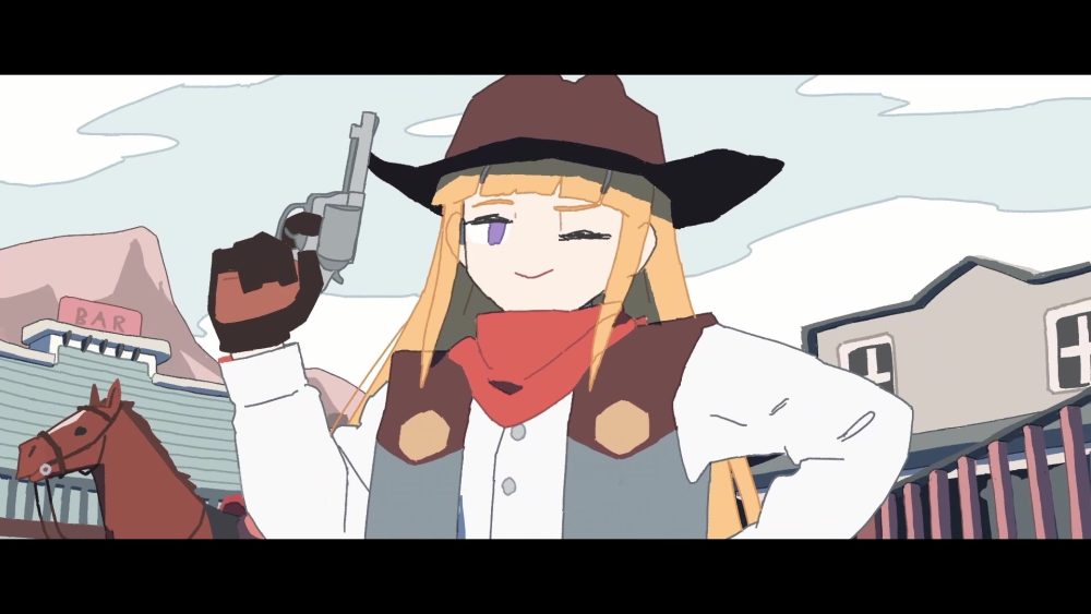 moon, drawn in a cartoony style, wears a cowboy outfit and wields a pistol