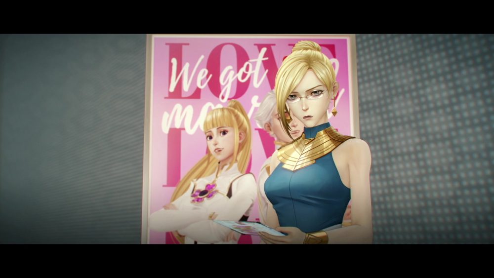 woman wearing glasses reads from a tablet as she stands in front of a poster of a blonde woman, moon, posing with a silver haired man, nice. behind them are the words "LOVE" repeated three times