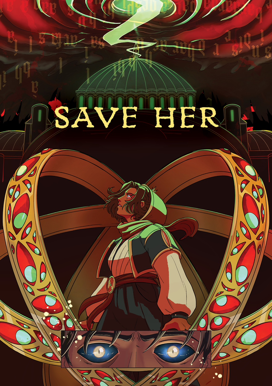 cover of dominion chapter 5 showing pasha in the middle of interlacing gold rings with the words save her floating over her head