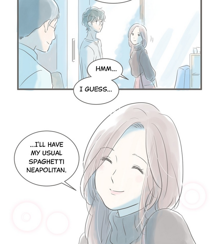 screencap of two panels from amid the changing seasons showing akane with souta and the cafe proprietor and akane's face