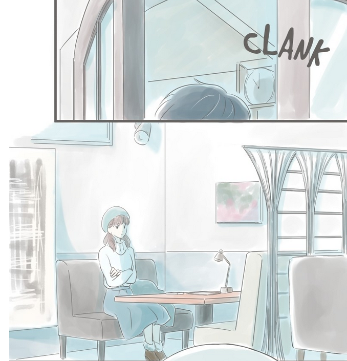 two panels depicting kouki entering a cafe to see Kanae