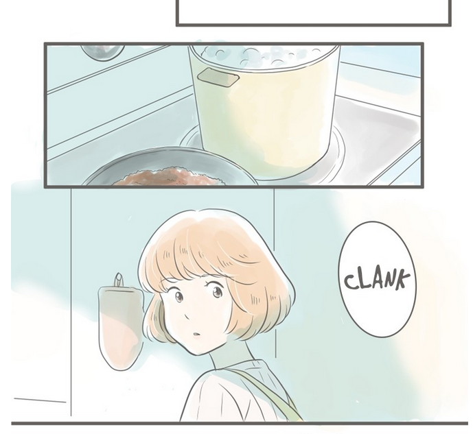yumi cooking pasta and turning at the sound of the door