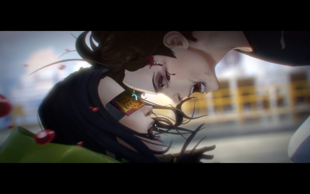 lin ling headbutts god eye, smashing his visor.