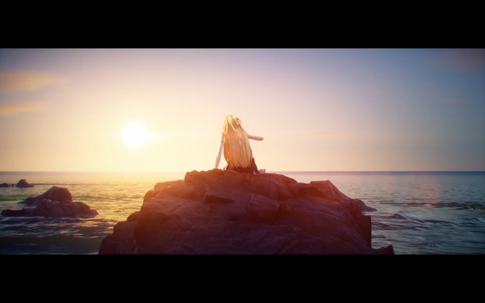 moon sits on a rock on a desert island as the sun sets