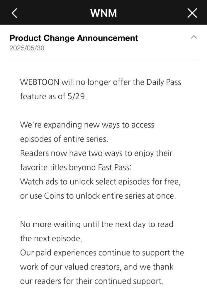 daily pass webtoon update note