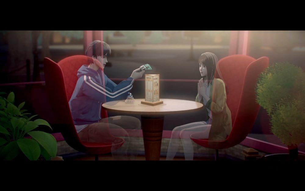 a ghostly yang cheng and xia qing sit in red seats at the "lucky booth"