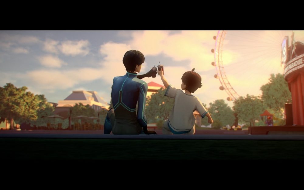 yang cheng and pomelo toast each other. a red ferris wheel can be seen against the setting sun