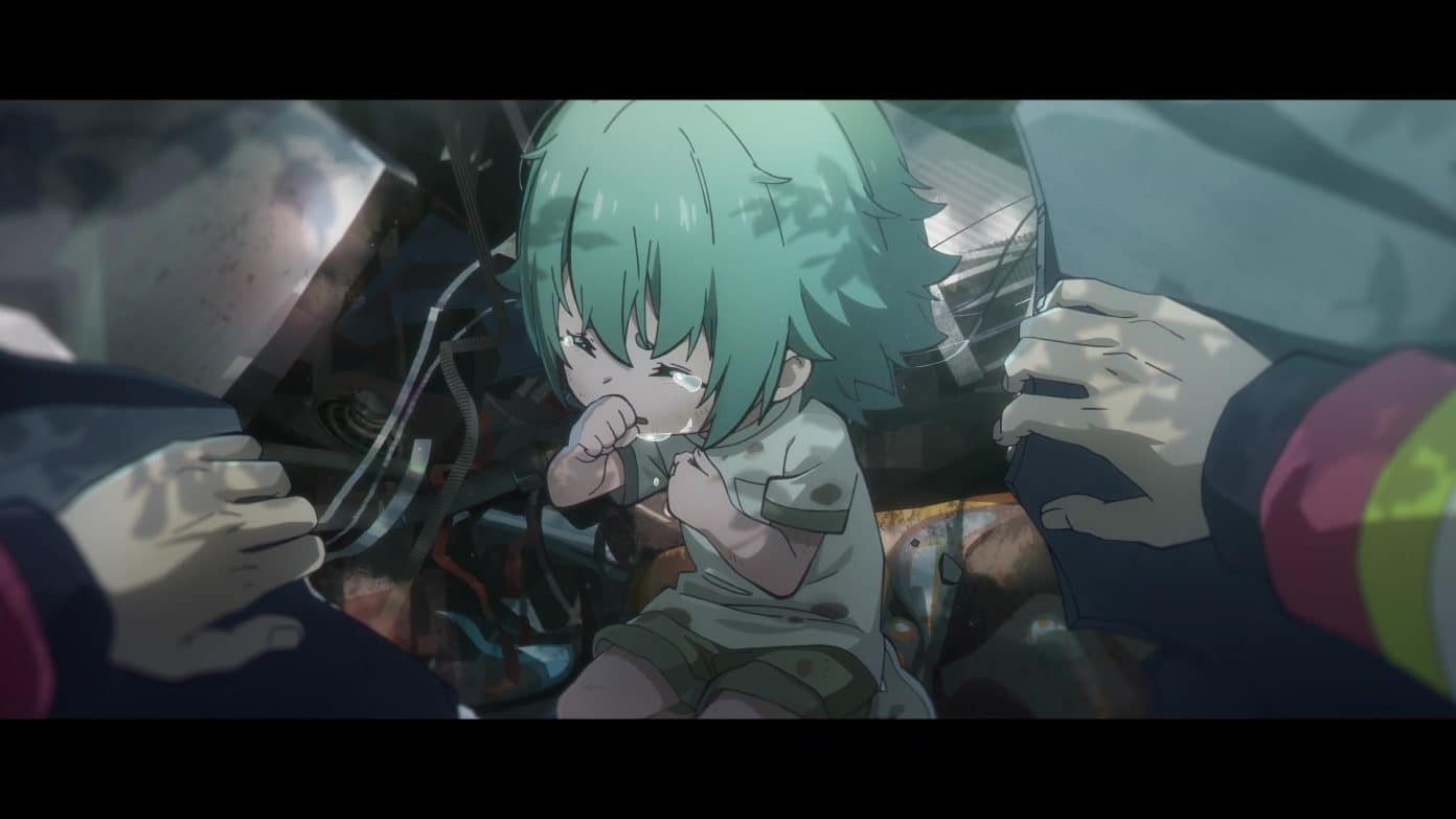 a young girl with green hair cries in the wreckage of a plane crash. two hands can be seen on the left and right parting the rubble