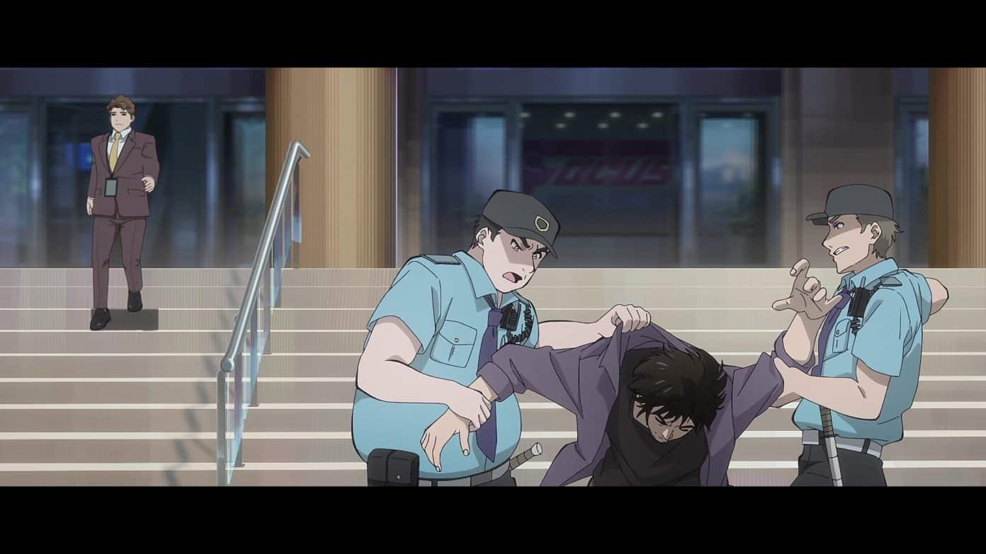 to be hero x. two police officers accost a frustrated man. a bad 3D model of a businessman can be seen walking in the background