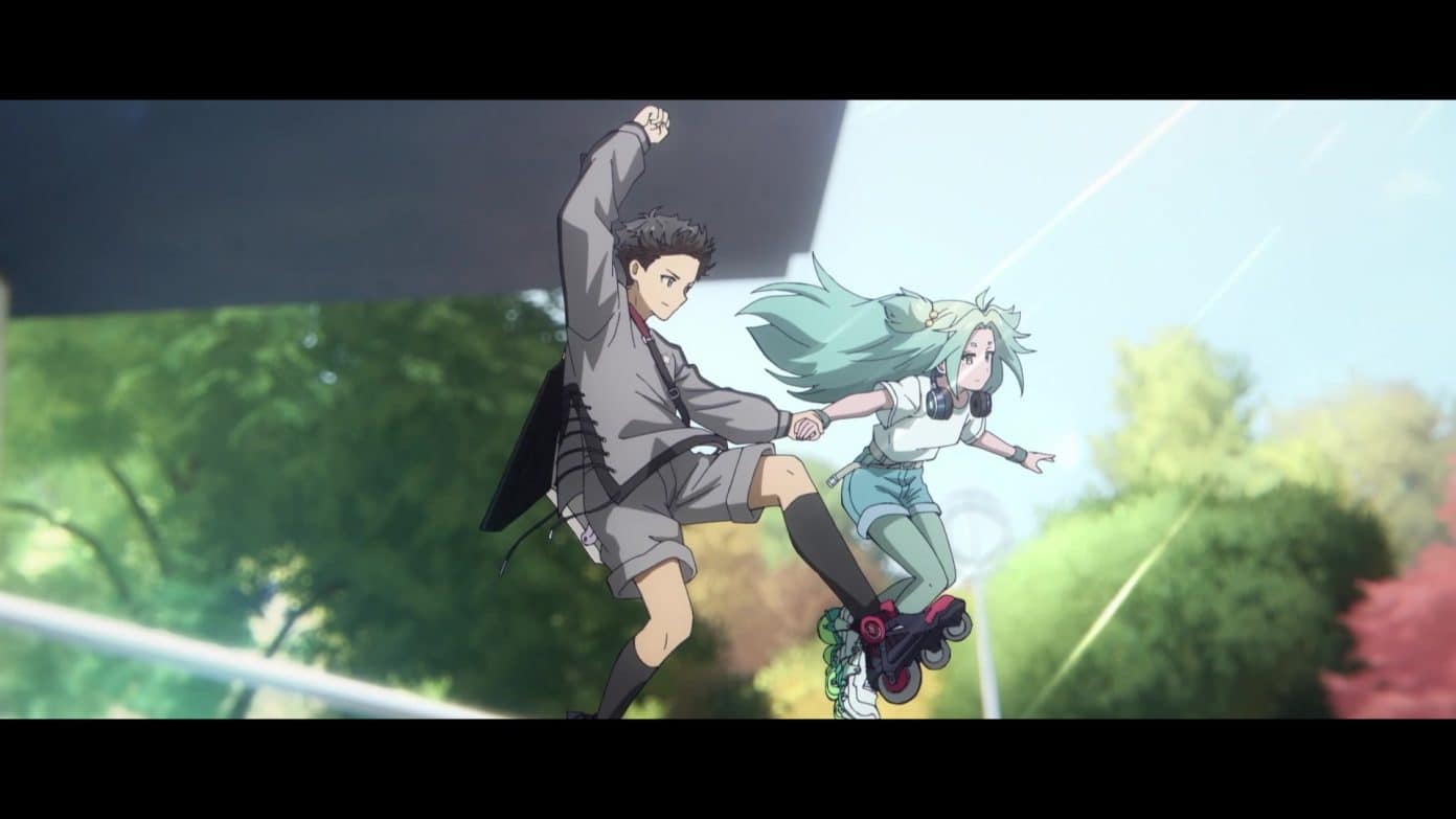 teenage boy and girl leap through the air wearing rollerskates