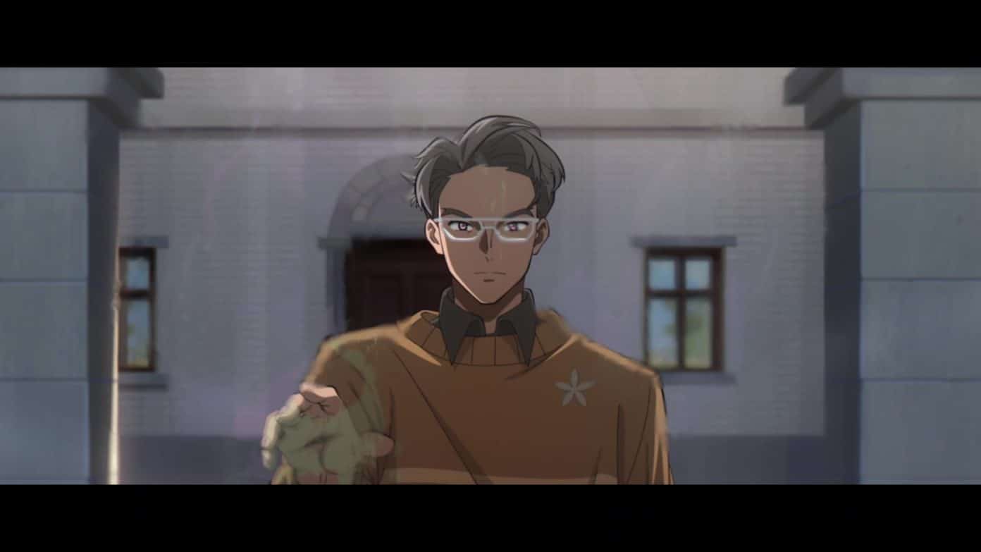 a man wearing an orange shirt and glasses holds up his right hand. strange energy gathers around that hand