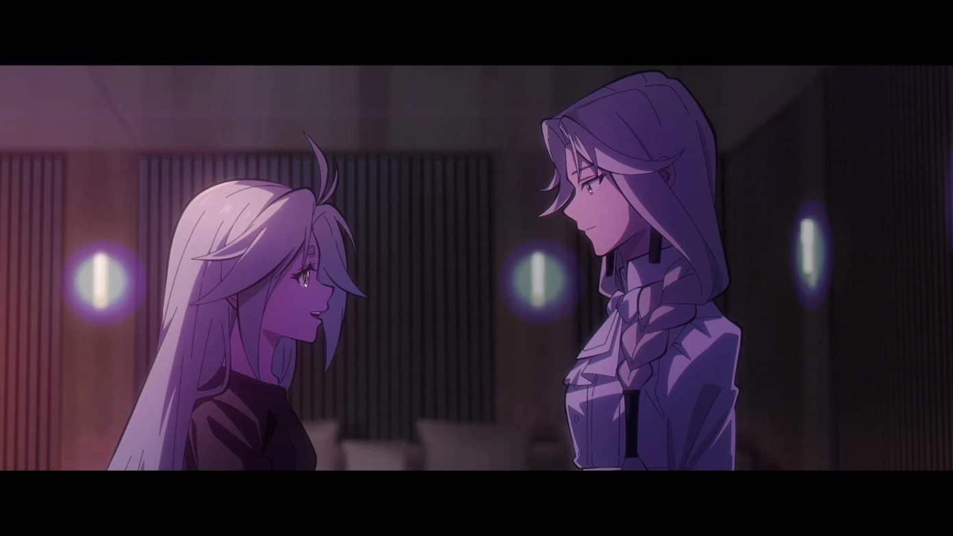 woman with green hair and woman with braided white hair speak with each other in conference room tbhx lucky cyan arc