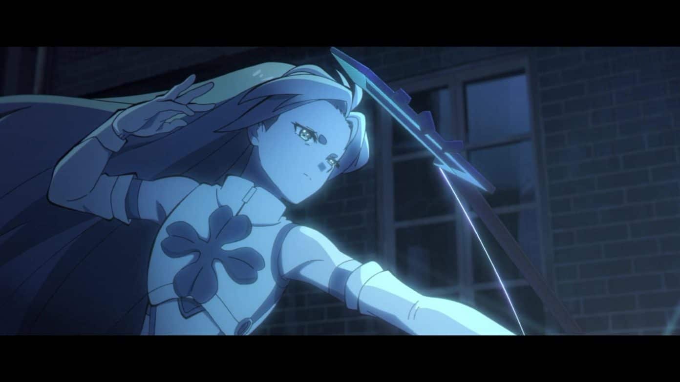 teenager with green hair and a clover on her chest pulls back a green bow tbhx lucky cyan arc