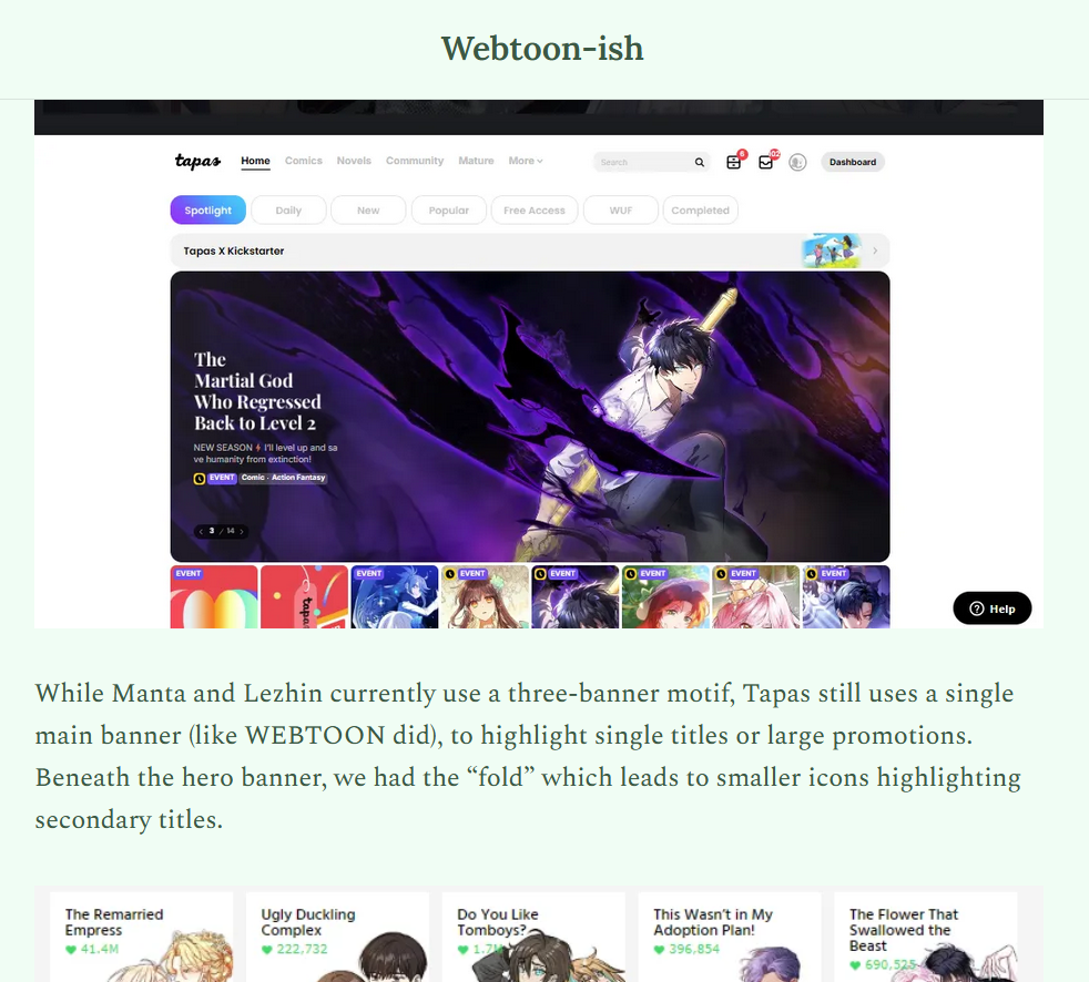 A screengrab from Mike Song's WEBTOONISH substack where he also is covering news about the facelift for WEBTOON.