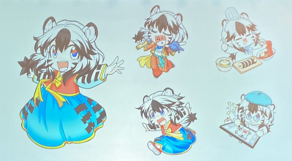 Bada in her human form. She is depicted singing, running around, eating food and drawing comics on a tablet. She is wearing a traditional hanbok dress.