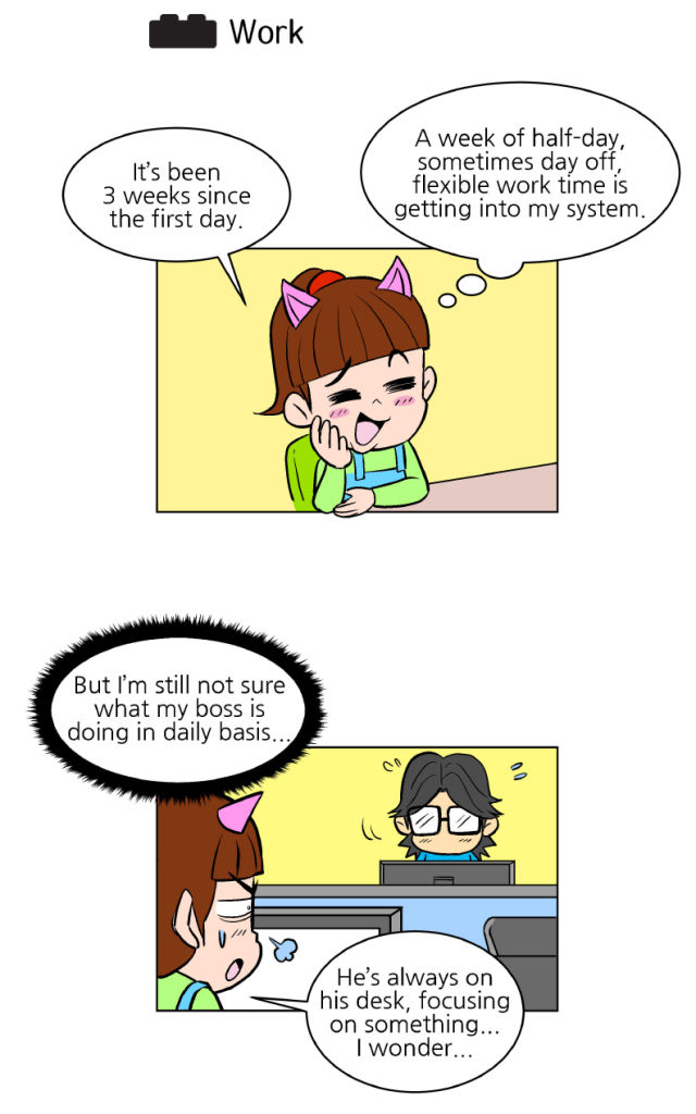 A page from My Nerdy Boss by Lim Duckyoung. A female office worker says, "It's been three weeks since the first day." She thinks to herself, "A week of half-day, sometimes day off, flexible work time is getting into my system. But I'm still not sure what my boss is doing in daily basis...he's always on his desk, focusing on something...I wonder..."