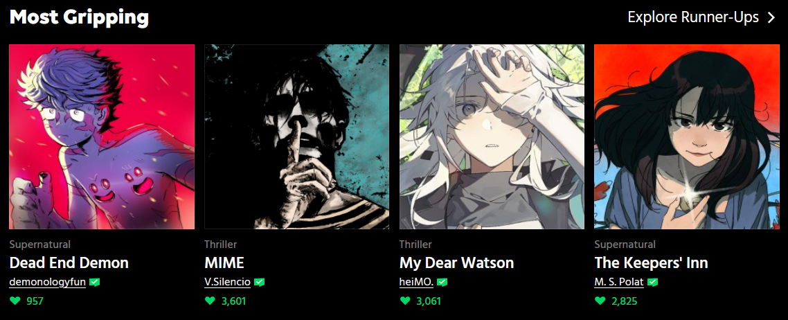 screencap showing the 4 finalists in the Most Gripping category in the WEBTOON Legends contest.