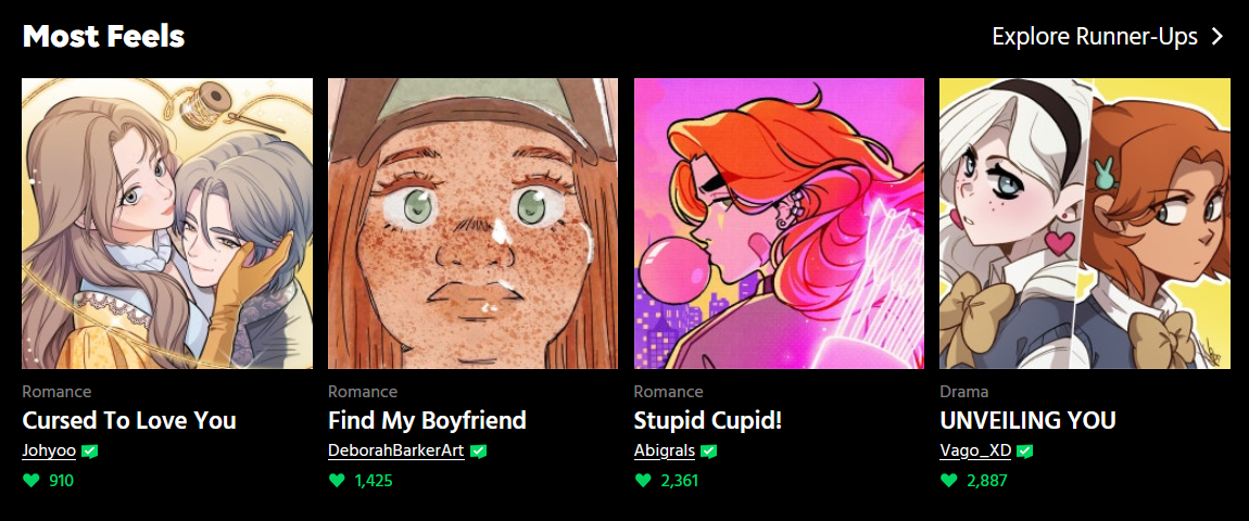 Screenshot showing off the 4 finalists from the Most Feels category in the WEBTOON Legends contest