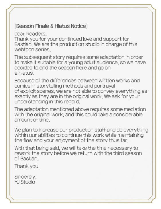 bastian hiatus notice