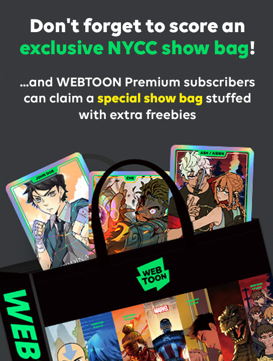 screenshot from WEBTOON's notice about their NYCC booth and the exclusive tote bags.