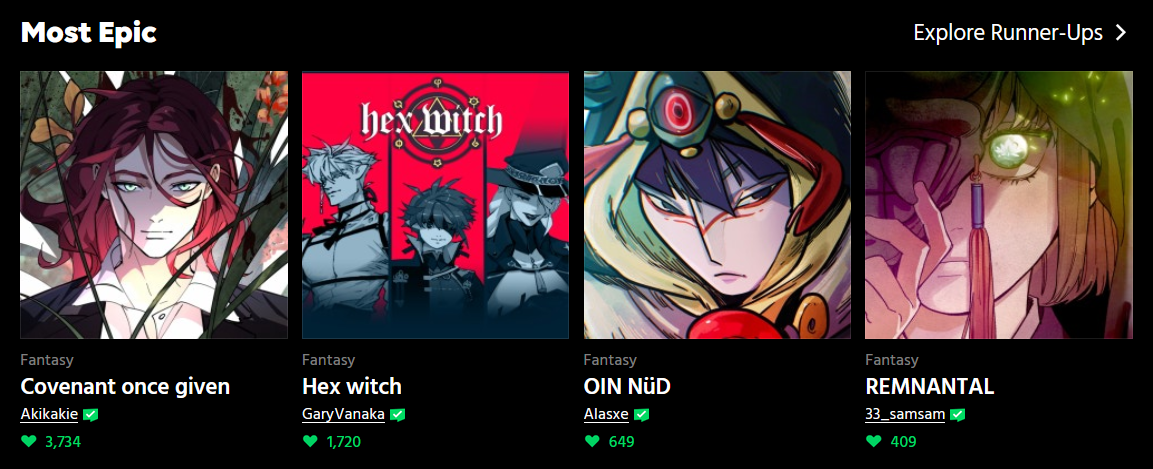screenshot showing the 4 finalists in the Most Epic category in the WEBTOON legends contest.