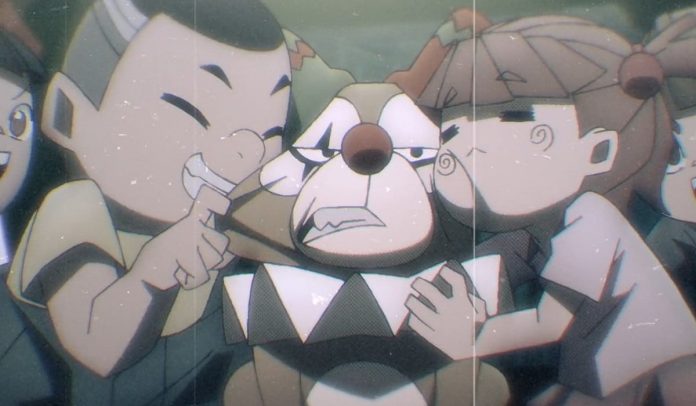 to be hero x ahu header. ahu, a small brown dog wearing a clown outfit, is scowling while held by various small smiling children.