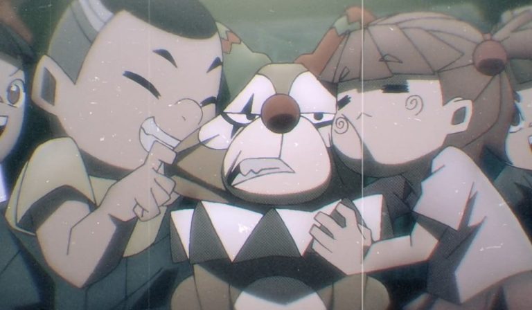 to be hero x ahu header. ahu, a small brown dog wearing a clown outfit, is scowling while held by various small smiling children.